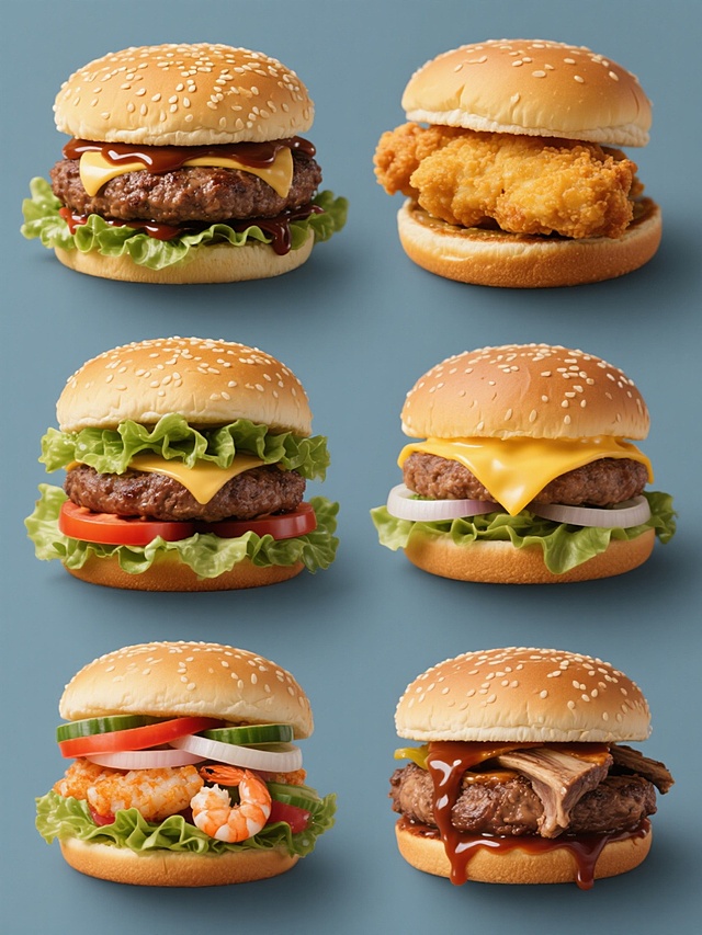 超写实风格的汉堡系列素材集合，纯色背景，六个不同口味的汉堡规整排布。每个汉堡都具有高度细节化的质感：芝麻点缀的金黄色松软面包顶，层次分明的新鲜蔬菜（翠绿生菜、鲜红番茄片、白色洋葱圈），以及各自独特的核心食材——厚实多汁的牛肉饼配浓郁酱汁的牛肉堡、外酥里嫩的金黄色鸡排堡、覆盖着融化芝士片的芝士堡、鲜嫩Q弹的虾排堡、堆叠丰富蔬菜的蔬菜堡、散发着诱人香气的羊排堡。所有汉堡的食材纹理清晰可见，酱汁呈现自然垂坠感，整体光影效果突出立体感和食物的新鲜度，色彩鲜明饱和且保持统一的超写实食物摄影风格，无文字、LOGO及二维码。