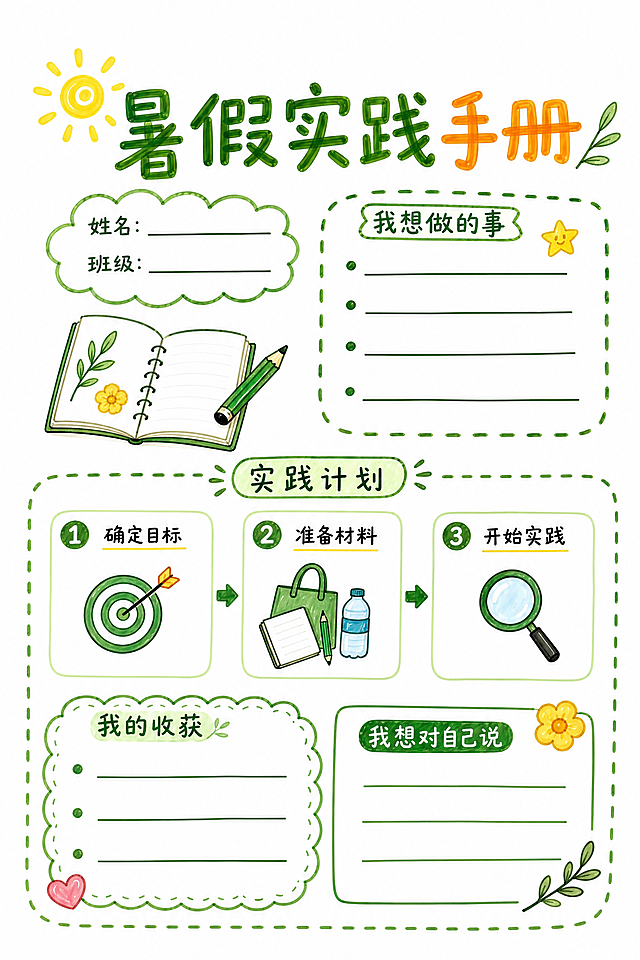 暑假实践手册内页，尺寸A4 210*297mm，白底马克笔手绘风格，不要粽子，去掉所有粽子元素，参照参考图片的马克笔手绘排版风格创作，整体白底，手绘绿色描边虚线边框，马克笔上色，风格清新可爱手绘