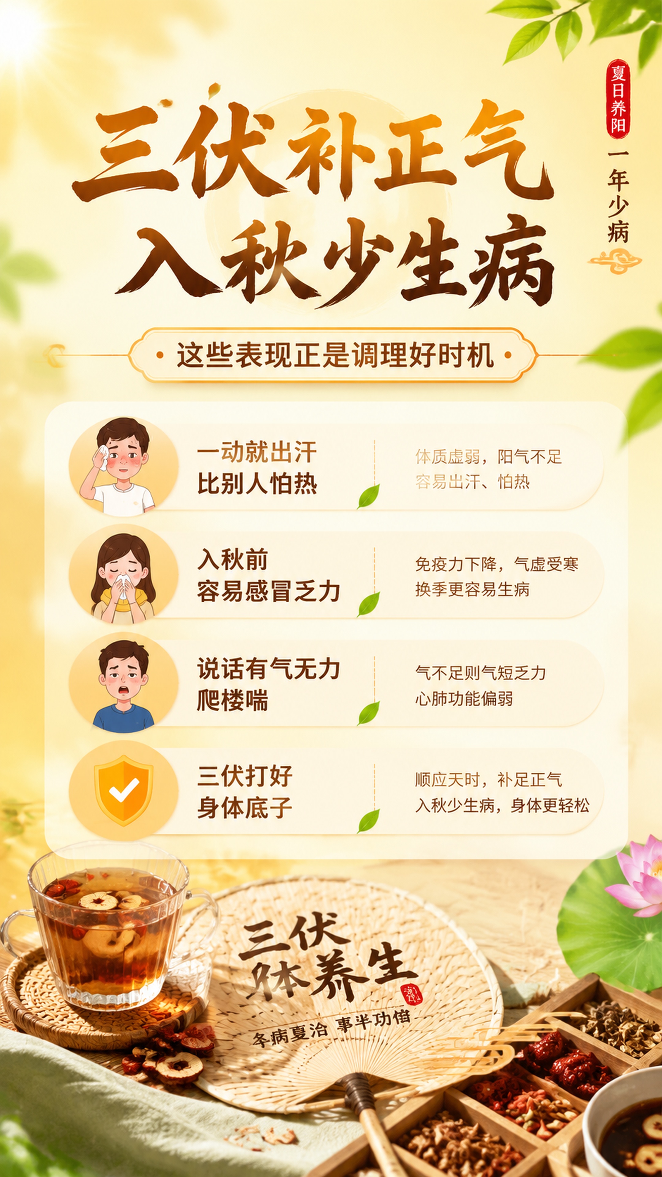 三伏养生健康知识海报，温暖治愈养生风格，9:16竖版，版式精美… - 图片创意预览