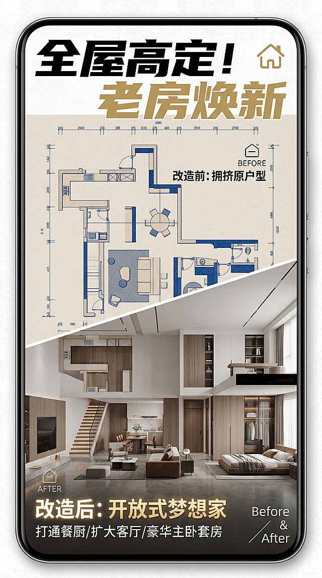 基于该户型图制作抖音家装改造封面，突出户型改造主题，风格现代简约醒目，适合抖音平台展示，增加清晰醒目标题设计，突出改造前后对比的视觉效果