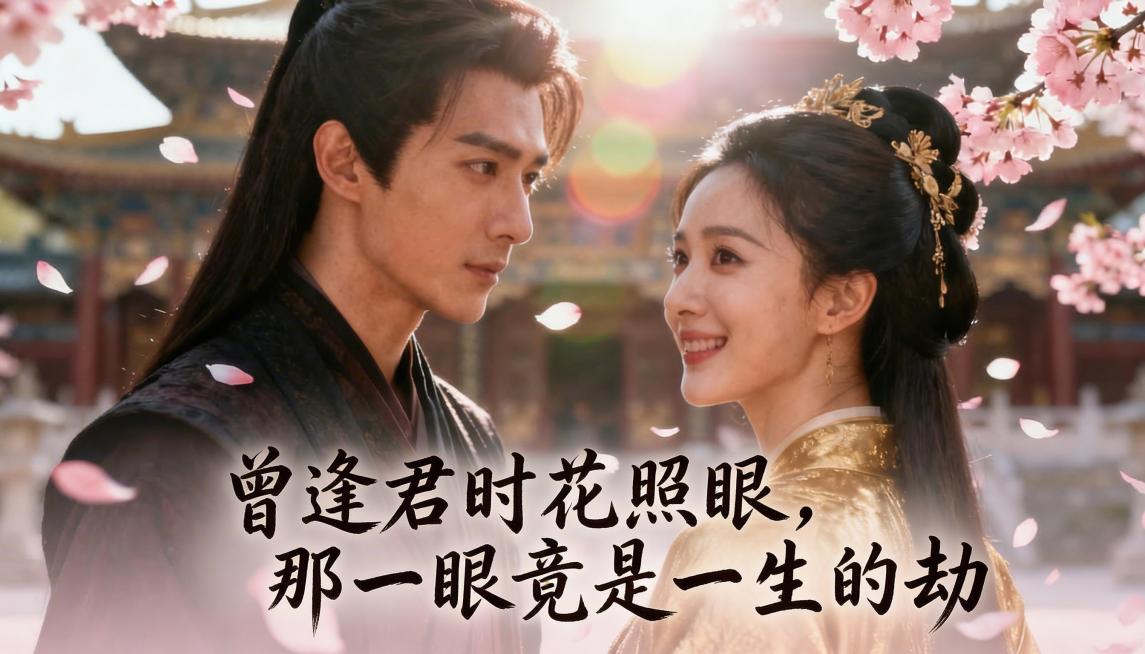 替换图片底部标题文字为"曾逢君时花照眼，那一眼竟是一生的劫"，保留原有古典书法字体风格，保持字体位置和颜色不变，保留原图所有画面内容不变预览效果