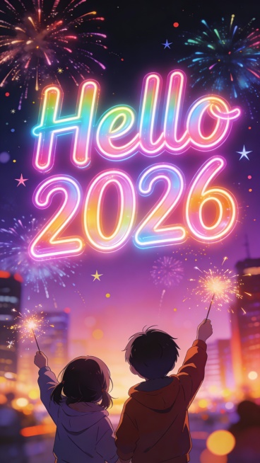 荧光霓虹风“Hello 2026”（渐变彩光、发光描边），城市夜景，绚烂烟花（多彩花火、星芒点缀），深紫渐变背景，暖光城市光晕，霓虹色彩，日系动漫风，赛博霓虹感，温馨治愈系新年插画，霓虹字体的透亮光效预览效果