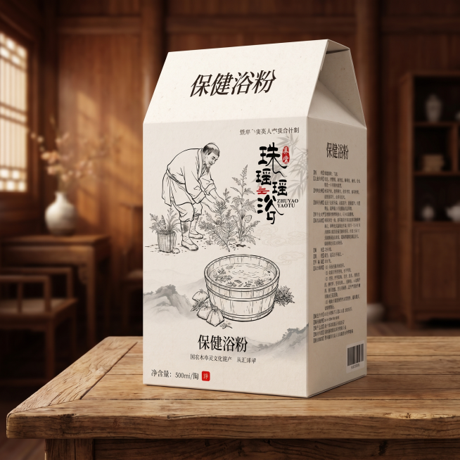 根据这个保健浴粉包装盒的刀版图，生成一张3D立体包装盒效果图，折叠成型，展示包装盒成品，保留包装盒上所有文字和图案内容，中式风格，高清写实预览效果