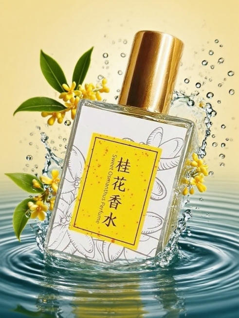 主体置于带水波纹的水面上，周围有桂花花朵、绿叶环绕，还有水花飞溅、水波纹及水滴动态效果，背景为浅黄色，光线明亮，一键换背景，电商商品图预览效果