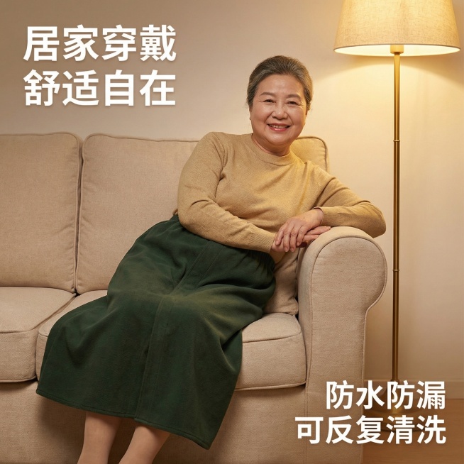 老年人防漏隔尿裤裙电商主图2，居家舒适风格，76岁圆脸亚洲老奶奶坐在米色布艺沙发上休息，穿着70cm长的隔尿半身裙，产品长度比例适中。背景是米色布艺沙发，旁边有暖光落地灯，整体氛围温暖舒适。主色调为米预览效果