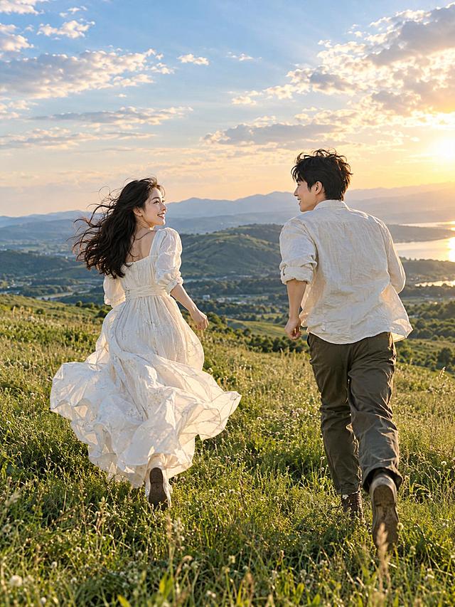 竖版3:4写实电影静帧：开阔草坡上，两人朝右侧跑去又回头相望，女生浅色长裙飞扬，天空温暖明亮，画面自然不过度摆拍。画面中无文字、无水印、无标志、无logo、无字幕。超高清2K画质，细节丰富。