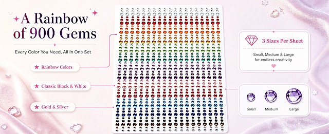 [商品] 使用【图1】自粘水钻贴纸整版；保留白色底纸矩阵排列、彩虹多色、每行大小渐变混合；颜色矩阵清晰可辨，不改变颜色和结构。
[画面] 色号矩阵页（矩阵总览型）：中央为整版水钻贴纸大图，彩虹色系逐行排列（红橙黄绿青蓝紫、粉、黑白、金银）；四周用亮粉细线引出三个色组标签与一个尺寸说明卡，右下角三颗并排水钻放大示意小中大尺寸；产品占画面约65%，背景暖白至浅粉紫渐变丝绒质感，矩阵为绝对视觉主体。
[视觉] 套系策略：风格=跨境梦幻美妆商业摄影；标题字=优雅现代衬线体；正文字=简洁无衬线体；主色=柔雾粉紫；背景延展=暖白至浅粉紫渐变、细腻丝绒与微光质感；强调色=亮粉，仅用于小面积图标、引线和标签；标题色=深紫灰；正文色=中暖灰；组件=圆角信息卡、细线引线、星点标签；光影=柔和影棚光、水钻高光。
[文字] 标题"A Rainbow of 900 Gems"、副标题"Every Color You Need, All in One Set"；色组标签"Rainbow Colors"、"Classic Black & White"、"Gold & Silver"；尺寸说明"3 Sizes Per Sheet"，全部横向排版，不遮挡水钻矩阵。
[规格] 61:25横版，4K，避免变形、错字、竖排文字、亚洲面孔、颜色错乱、水钻排列混乱、水印。