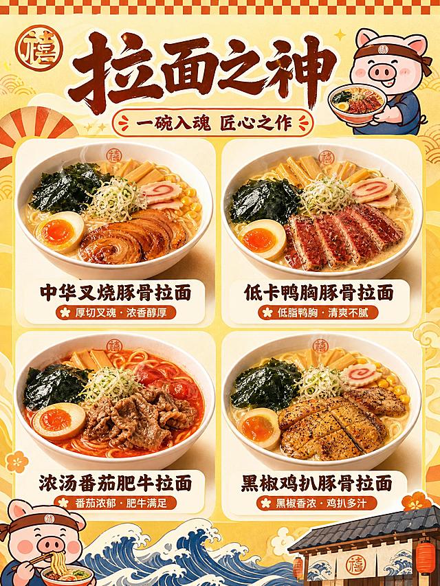 [商品] 使用【图1】中的拉面系列产品图（中华叉烧豚骨拉面、低卡鸭胸豚骨拉面、浓汤番茄肥牛拉面、黑椒鸡扒豚骨拉面等）；商品处理：保留每款拉面的面条、叉烧/肉片、溏心蛋、配菜、汤色原貌和品牌Logo；去除所有价格数字和RMB标识。
[画面] 目标：拉面系列特写页，展示多款拉面的食欲感与差异化。构图：上方大标题区，中间2x2网格排列4款主打拉面大图，每款拉面占一格，下方标注菜名；底部点缀日式手绘元素。主体占画面70%，背景为浅黄渐变+日式格纹装饰边。
[视觉] 套系策略：风格=日系温馨治愈风，手绘+实拍结合，暖黄调；标题字=日式粗体书法字，带轻微描边；正文字=圆润可爱的日系无衬线体；主色=浅米黄/暖杏色；背景延展=基于浅黄做深浅层级渐变、和纸纹理、日式格纹、红白蓝条纹装饰；强调色=橙红色/深棕，仅用于小面积图标、引线、标签；标题色=深棕红；正文色=深暖棕；组件=圆角白底信息卡、日式波浪边框、卡通小猪形象、和风扇形装饰；光影=顶部45度暖柔光，每碗面有自然阴影和蒸汽效果，汤色鲜亮有光泽。
[文字] 顶部主标题「拉面之神」，副标题「一碗入魂 匠心之作」，4款拉面下方分别标注菜名（如「中华叉烧豚骨拉面」「浓汤番茄肥牛拉面」等），每款可加1个短卖点标签（如「厚切叉烧」「番茄浓郁」）。所有文字横向排版，字号清晰可读。
[规格] 图片比例3:4竖版，2K分辨率，避免冷蓝/冷灰背景、价格数字残留、产品变形、错字、文字过小、竖排文字。
