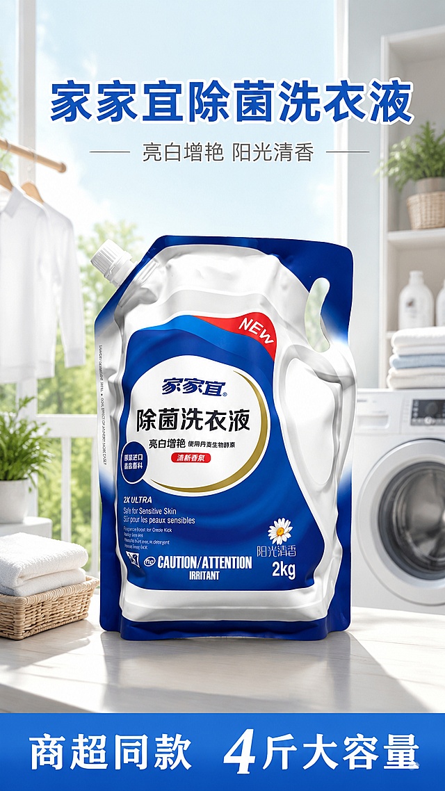 [第1屏] 详情页头图-家家宜除菌阳光清香洗衣液宣传海报。本屏使用【图1】作为商品主体。
[氛围/风格] 清新家居风，明亮温馨干净洗衣场景，商业摄影质感，自然通透。
[元素布局] 商品主体居中放置，占画面约65%；背景为明亮整洁的阳台洗衣区，点缀干净衣物、阳台绿植；保持商品包装结构、材质、颜色、文字信息与输入产品图一致。
[光影质感] 正面自然柔光照明，商品保留清晰明暗层次，背景柔和虚化，底部自然投影，整体干净明亮。
[配色色系] 全局底色 #F5F9FC；主色包装蓝白，辅助色浅绿阳台环境，蓝色标题块。
[视角构图] 正面平视，商品为绝对视觉中心，阅读动线从上到下。
[文字版式] 顶部主标题「家家宜除菌洗衣液」，加粗蓝色大字居中；副标题「亮白增艳 阳光清香」浅灰色小字；底部蓝色信息条标注「商超同款 4斤大容量」；白色文字清晰不遮挡商品主体。
[比例分辨率] 9:16竖版，宽度1080，高度1920，4K分辨率，文字清晰可辨，高清画质。
[负向提示词] 商品包装变形，缺件错件，文字错乱，颜色偏差，背景杂乱，水印，文字过小。
