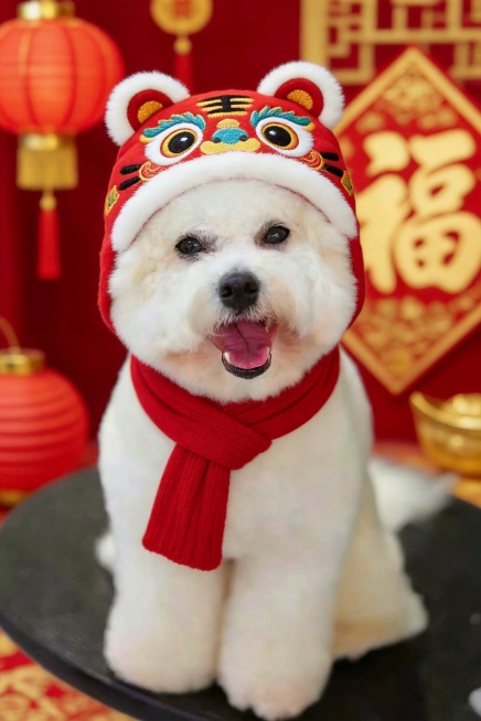 给狗狗戴上红色喜庆的春节虎头帽，脖子系上红围巾，背景替换为带有红色灯笼、金色福字的新年喜庆场景预览效果
