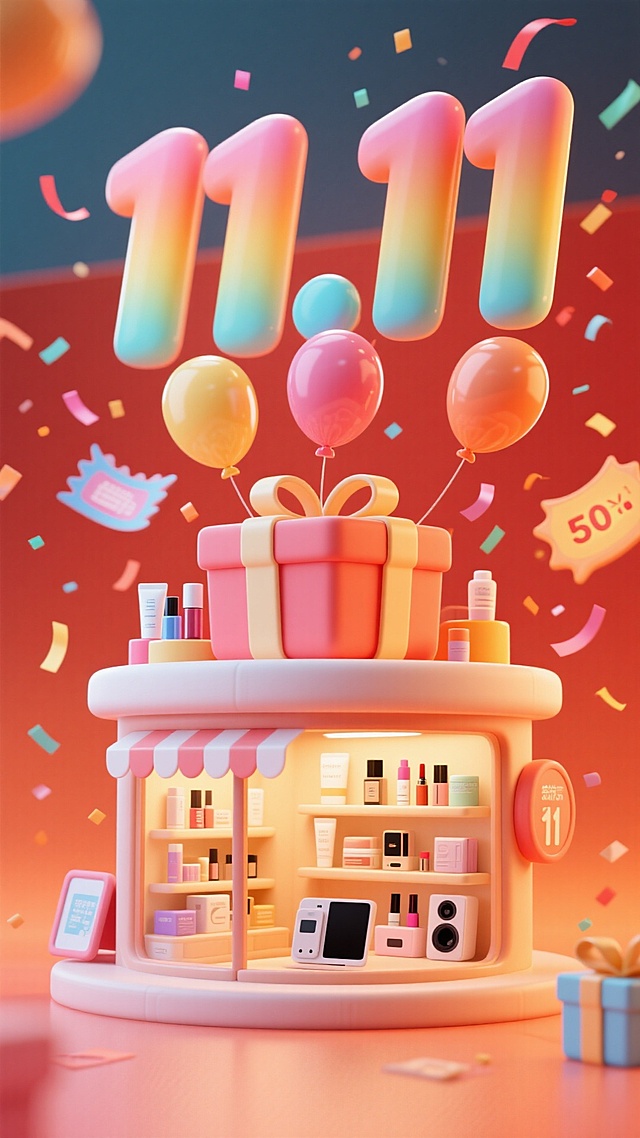 软3D风微缩艺术场景，梦幻渐变“11.11”悬浮于礼盒之上，搭配充气感气球与缤纷彩带，营造喜庆甜蜜的卡通购物节氛围。