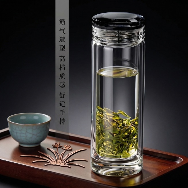 将背景优化为暗黑简约意境（纯黑或深灰渐变，无具体景物），确保玻璃杯通透可清晰透视后方；保留原产品、盖子、茶具、托盘及竖排文字‘霸气造型 高档质感 舒适手持’；整体风格高级、简洁、聚焦主产品，强化玻璃纯预览效果