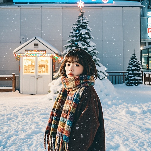 一个女孩，下雪，戴围巾