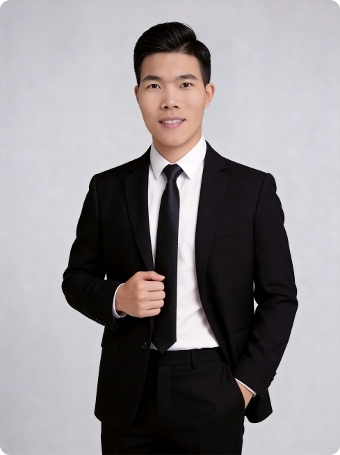 参考原图，缩小头部的比例，让肩膀更宽，调整头肩比例更协调，保留原图片的所有元素：黑色西装、白色衬衫、黑色条纹领带、浅灰色纯色背景、男士站姿、右手握领带、左手插兜，保持风格不变，画质清晰预览效果