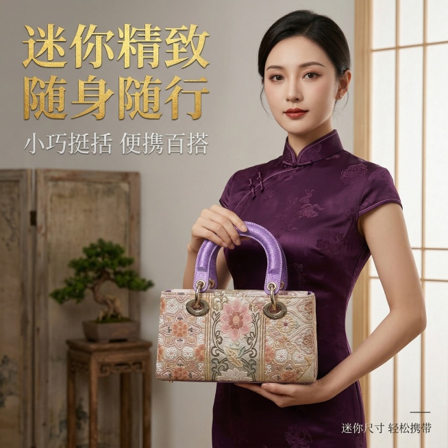 严格还原上传产品图的包身宋锦提花宝相花纹样、紫调闪面手柄、金属五金配件所有细节。产品由气质优雅的25-35岁女性手提，女性穿新中式旗袍，背景为极简新中式茶室。画面左上角放置鎏金书法烫金体主标题"迷你精预览效果