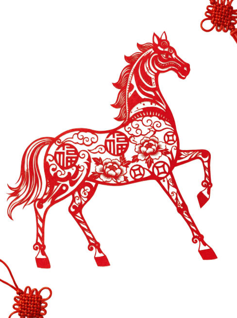 将图中的马形几何图案转换为新年剪纸风格，红色为主色调，带有传统新年纹饰预览效果