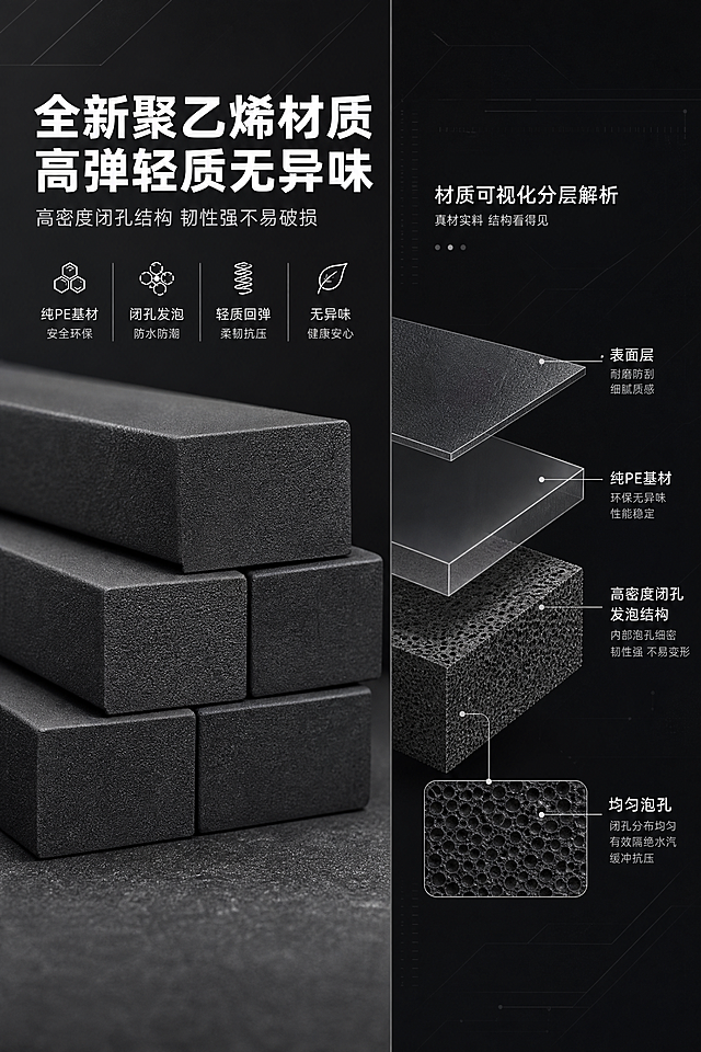 2:3竖版电商详情页，8K科技工业风，极简几何线条底纹，画面干净高级；采用左右分栏对称排版，左侧为聚乙烯闭孔泡沫条微距特写，高清还原聚乙烯泡沫细腻闭孔肌理，严格还原产品颜色、方形截面、闭孔泡沫肌理，右侧做材质可视化分层拆解图，直观展示纯PE聚乙烯基材、高密度闭孔发泡结构；文案整体左对齐，画面左上设置主标题“全新聚乙烯材质 高弹轻质无异味”，副标题“高密度闭孔结构 韧性强不易破损”；通过图解形式可视化讲解材质优势，配色统一高级，设计新颖有创意，全页中文使用无衬线方正黑体，标题文案左对齐，主色调黑色哑光深灰，辅助色白色。