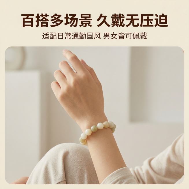 [主图主题] 和田玉手串多场景佩戴展示
[氛围/风格] 自然生活化，高级氛围感，统一温润风格
[画面元素] 亚洲女性模特（年轻，日常穿搭）展示佩戴和田玉手串在手腕上的效果，模特抬手自然展示，手串贴合手预览效果