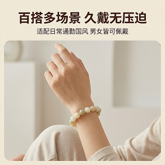 [主图主题] 和田玉手串多场景佩戴展示
[氛围/风格] 自然生活化，高级氛围感，统一温润风格
[画面元素] 亚洲女性模特（年轻，日常穿搭）展示佩戴和田玉手串在手腕上的效果，模特抬手自然展示，手串贴合手腕，呈现自然佩戴状态；背景为简约浅色室内空间，光影柔和，突出手串和手腕的佩戴体验
[配色色系] 延续浅米黄主色，浅背景搭配浅衣，整体干净清新，风格统一
[视角构图] 手腕特写平视构图，主体突出，景深自然
[文字版式] 主标题 "百搭多场景 久戴无压迫" 在画面顶部，深棕色粗体；下方小字标注 "适配日常通勤国风 男女皆可佩戴"，深棕色细体，文字放置在背景留白处，不遮挡手腕和手串
[比例分辨率] 2k分辨率