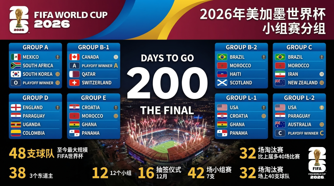 参考原图设计一张2026年美加墨世界杯小组赛分组海报，包含所有球队分组信息：A组墨西哥、南非、韩国、洲际附加赛胜者O；B组加拿大、洲际附加胜者A、卡塔尔、瑞士；两个B组还有巴西、摩洛哥、海地、苏格兰；预览效果