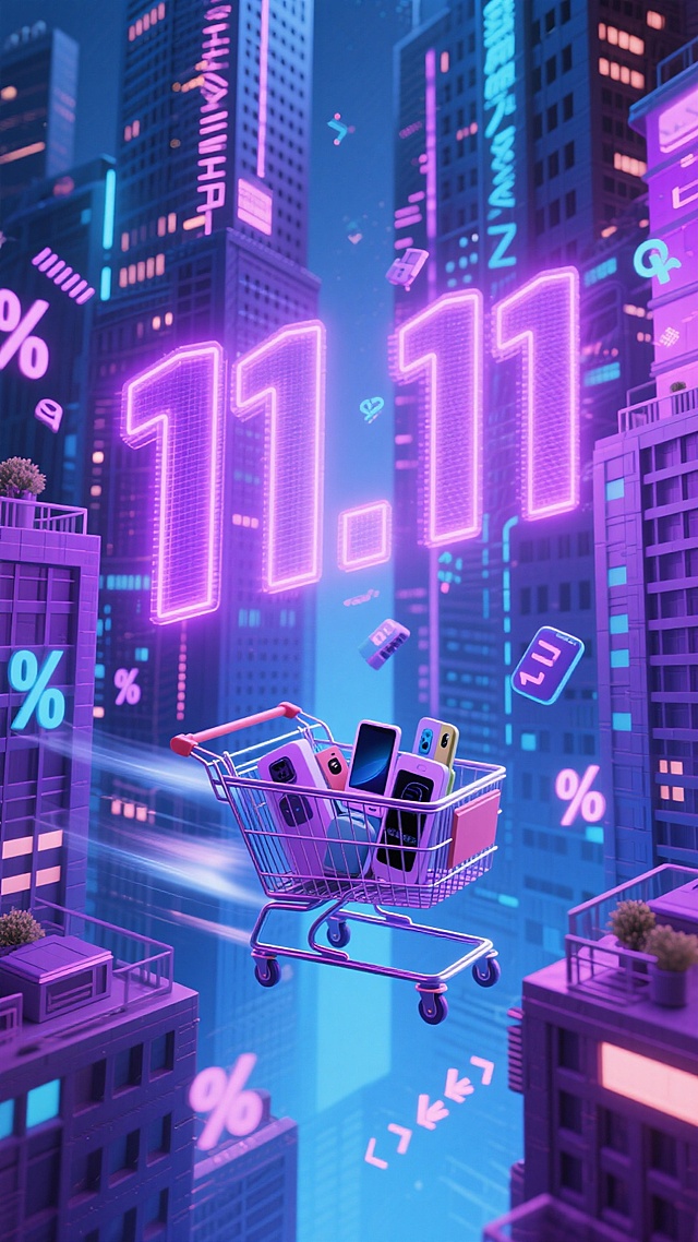赛博朋克风3D城市夜景，霓虹灯辉映“11.11”悬浮字样，购物车满载手机飞驰于高楼间，粒子光效与虚拟现实元素交织，酷炫未来感十足。