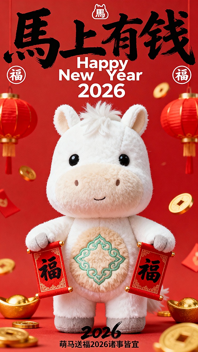 软3D毛绒马萌趣十足，国潮刺绣纹样点缀，毛发生长质感细腻，搭配红金喜庆元素，传递2026新春吉祥祝福。