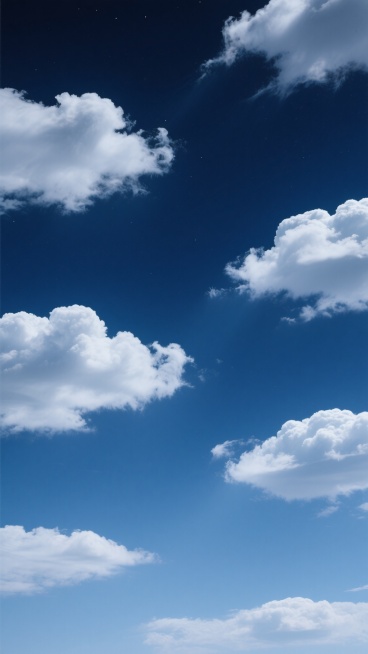 深邃夜空，深邃的靛蓝色渐变背景，点缀着疏朗分布的白色云朵，云朵形态轻盈蓬松，边缘柔和，呈现出自然的絮状纹理，整体画面干净通透，色调静谧沉稳，营造出宁静悠远的夜晚氛围，无任何文字及标识元素。预览效果