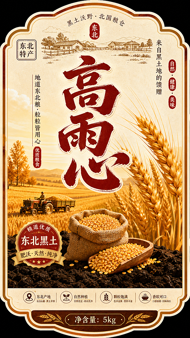 一张竖版长方形的具有东北特色的粮食不干胶设计，不干胶上突出显示品名"高雨心"，融入东北黑土地、金黄麦穗元素，风格质朴乡土，暖色调