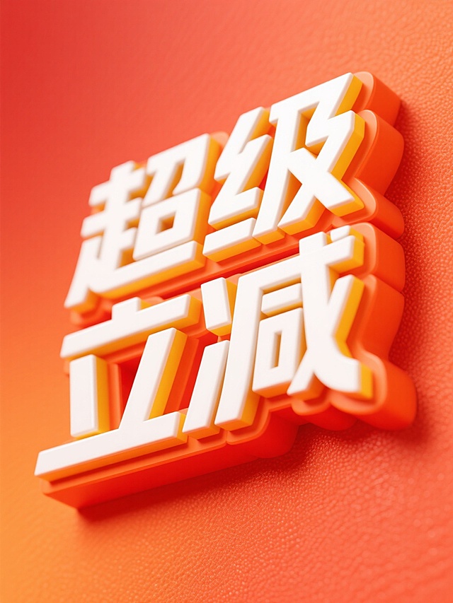 电商促销海报设计，"超级立减"四字为核心视觉元素，采用醒目立体艺术字体，字体主体为明亮白色，边缘有两层渐变描边，内层为温暖橙色，外层为鲜亮黄色，形成强烈立体感和光泽感，文字整体呈现略微倾斜的动感姿态，背景为饱满的橙红色渐变底纹，带有细微的纹理质感，整体风格活泼明快、极具吸引力，突出促销氛围，符合电商平台促销活动宣传需求，视觉层级清晰，信息传达直接高效，能快速抓住消费者注意力，激发购买欲望。