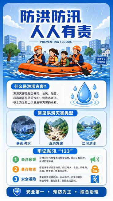 生成图片：9：20，竖版防洪防汛科普信息长图，蓝色系扁平插画设计风格，顶部为蓝白渐变标题区，超大中文主标题 “防洪防汛 人人有责”，标题下方加入英文小字 “PREVENTING FLOODS”；中上部预览效果