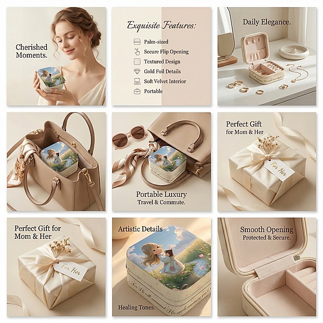 7 1:1 square promotional posters for a small square jewelry box, high class aesthetic that fits European and American preferences, all text in English, no Chinese. Keep the product design of the original jewelry box unchanged. Posters include: 1. Portrait style display poster: a delicate Caucasian woman holds this palm-sized jewelry box in her hand, gentle warm lighting, clean minimalist background. 2. Features list poster: show all selling points with clear English text list, exquisite layout, soft muted colors. 3. Usage scene poster: jewelry box placed on a modern dressing table with small jewelry like rings and necklaces stored inside, daily home atmosphere. 4. Travel scene poster: jewelry box placed inside a lady's handbag, showing it is portable and easy to carry for travel/commute. 5. Gift poster: jewelry box as a perfect birthday/holiday gift for women and moms, elegant wrapping atmosphere with full sense of ritual. 6. Aesthetic mood poster: soft gentle warm healing tone, show the delicate details of the gold foil text and printed illustration, highlight the textured design. 7. Product detail poster: close up of the flip opening structure, show smooth opening and closing, highlight it protects inner jewelry well. Overall style: delicate, healing, warm, minimalist, high-end, artistic, soft colors, no glare, fit for exquisite life seekers. All posters 1:1 square ratio.
