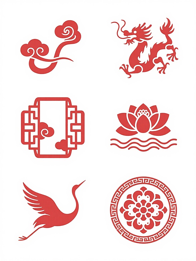 一套六个完全不同的中国传统古风元素图案集合，保持与原图一致的红色系配色、简洁流畅的线条风格和扁平化设计语言，元素包括：1. 传统如意纹与祥云组合图案，2. 简化的龙纹卷曲纹样，3. 古典窗棂花纹与云纹结合图形，4. 莲花与水波纹融合设计，5. 抽象化的仙鹤展翅剪影，6. 宝相花与回纹边框图案，所有元素在纯白色背景上呈规整的2x3网格排布，每个图案保持独立完整性且视觉风格高度统一。