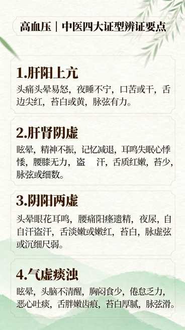 中医养生宣传海报，主题为"高血压｜中医四大证型辨证要点"，清晰排版四大证型内容：1.肝阳上亢：头痛头晕易怒，夜睡不宁，口苦或干，舌边尖红，苔白或黄，脉弦有力；2.肝肾阴虚：眩晕，精神不振，记忆减退，耳预览效果