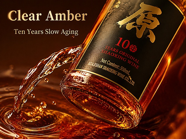 [第3屏] AliExpress详情页第三屏 - Kuaijishan 10 Years Original Shaoxing Wine texture close-up. This screen uses [图4] original wine close-up picture as the main reference.
[氛围/风格] Macro detail texture style, highlight the transparent and attractive texture of rice wine, rich appetite.
[元素布局] The whole screen focuses on the wine body close-up, through the glass bottle to show the natural amber color of the wine, the wine is clear and transparent with natural luster. One side with a pouring wine to form a dynamic effect, bottle label local display, keep text consistent with the original picture. Product texture occupies the main visual, clear particle and luster performance.
[光影质感] Backlight soft light, through the wine body to form a transparent halos, highlight the amber texture, edge natural transition, high light and shadow level.
[配色色系] Global background #8B5A2B deep brown, highlight the amber wine transparent effect, consistent with product packaging color matching.
[视角构图] Macro close-up, inclined product placement, dynamic visual, focus on texture performance.
[文字版式] Top main title "Clear Amber", bottom subtitle "Ten Years Slow Aging", simple text, do not affect the texture display, all texts are in English.
[比例分辨率] 4:3 vertical proportion, 4K resolution, clear texture, high-definition image quality.
[负向提示词] Deformation, unclear texture, color deviation, text confusion, extra Chinese characters, false label.