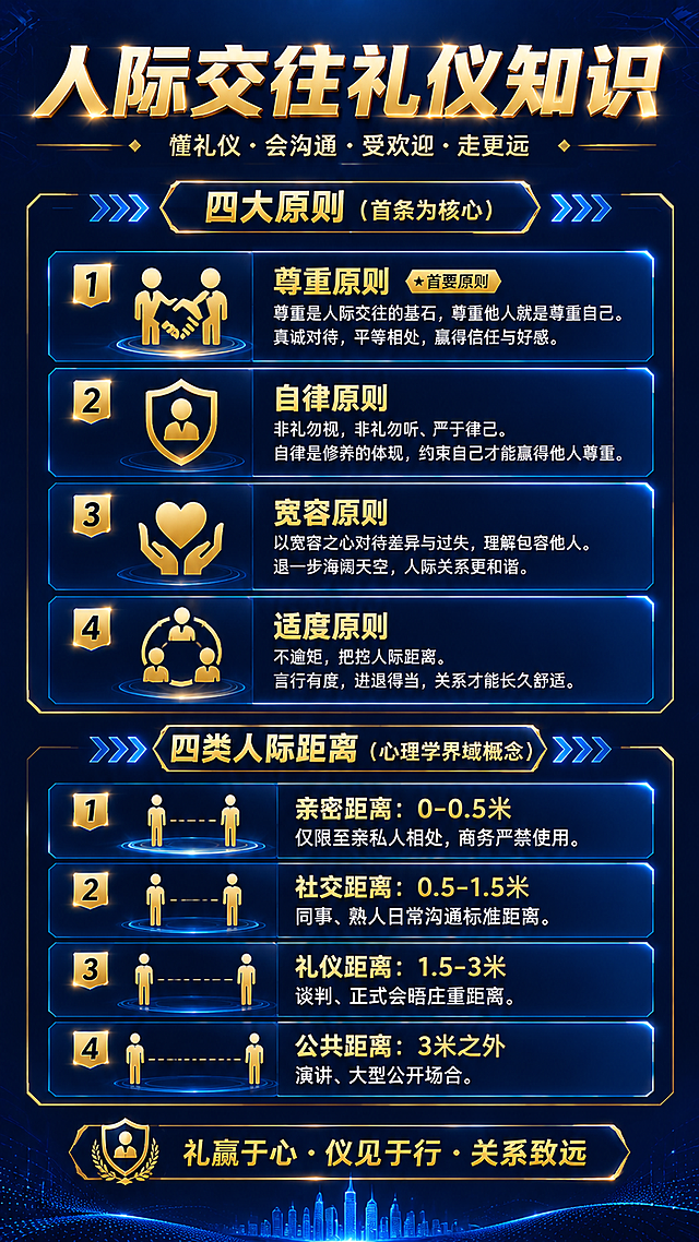 参考图的深蓝金商务科技风格，制作一张9:16竖版的人际交往礼仪知识长图海报，整体采用深蓝色渐变背景搭配金色发光边框和图标，图文并茂，排版清晰有层次。内容分为两大板块：第一板块标题为「四大原则（首条为核心）」，包含四个带编号的卡片：1.尊重原则（首要原则）、2.自律原则（非礼勿视，非礼勿听、严于律己）、3.宽容原则、4.适度原则（不逾矩，把控人际距离），每个卡片配对应金色线性图标；第二板块标题为「四类人际距离（心理学界域概念）」，包含四个带编号的距离说明卡片：1.亲密距离：0-0.5米，仅限至亲私人相处，商务严禁使用；2.社交距离：0.5-1.5米，同事、熟人日常沟通标准距离；3.礼仪距离：1.5-3米，谈判、正式会晤庄重距离；4.公共距离：3米之外，演讲、大型公开场合。整体风格与参考图一致，金色文字标题，白色正文，蓝色发光分割箭头，精致商务质感，2K高清