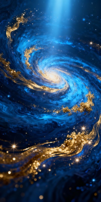 An abstract, vertical composition dominates the image, featuring a swirling blend of deep blues and预览效果