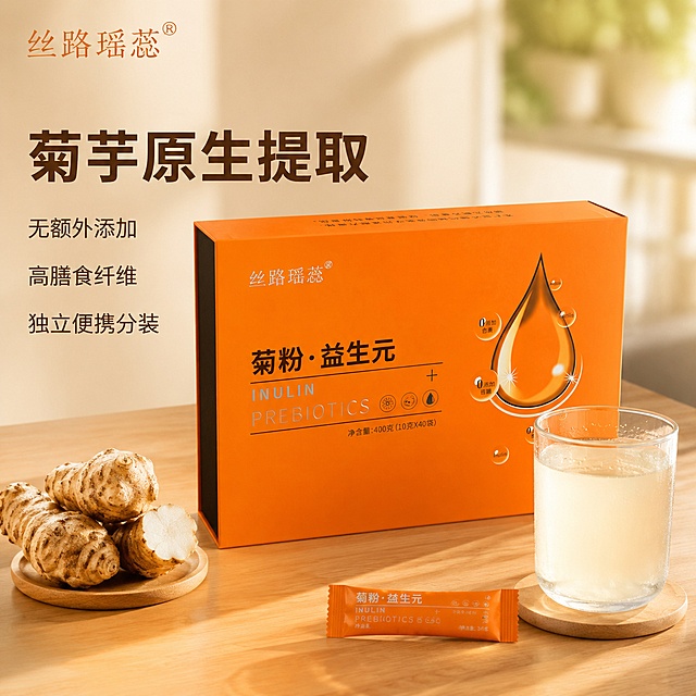 [主图-1] 丝路瑶蕊菊粉益生元产品首图，场景代入温馨浅木色餐桌，搭配透明玻璃杯冲泡菊粉，营造健康日常饮食氛围
[氛围风格] 专业品质、干净通透的健康膳食补充风格
[画质] 商业摄影质感、光线柔和通透、产品清晰真实、画面干净高级
[元素] 丝路瑶蕊菊粉益生元橙色礼盒居中展示，左上角保留品牌Logo，右侧搭配玻璃杯冲泡好的菊粉饮品，杯壁带轻微水汽感，旁边散落2-3块菊芋原料体现原生提取。保持礼盒外观（物理结构、材质质感、颜色）与输入产品图绝对一致，杜绝任何变形和色差，精细化处理。商品主体占比严格控制在70%左右；画面满屏无边框
[光影] 自然侧光，整体明亮通透，礼盒与产品轮廓清晰柔和，高光突出包装质感，背景虚化突出主体，自然暖阳逆光增强通透感
[配色] 主色调延续产品本身的暖橙色，搭配浅木色背景、玻璃杯透明质感，整体干净清爽
[视角构图] 平视45度斜侧视角，景深适中，产品主体完整不裁切
[文字版式] 左侧负空间左对齐留安全边距，大字主文案"菊芋原生提取"，深棕色最大号粗体无衬线；下方三行辅助短句依次为：无额外添加、高膳食纤维、独立便携分装，字号约为标题一半，同色系浅深对比。文字不遮挡产品主体，清晰可读
[比例分辨率] 1:1 比例，2k 分辨率；文字清晰锐利，画面超高清
[负向提示词] 变形，文字错乱，产品图模糊，背景杂乱，水印，电商平台Logo，绝对化违禁词，疾病治疗宣传