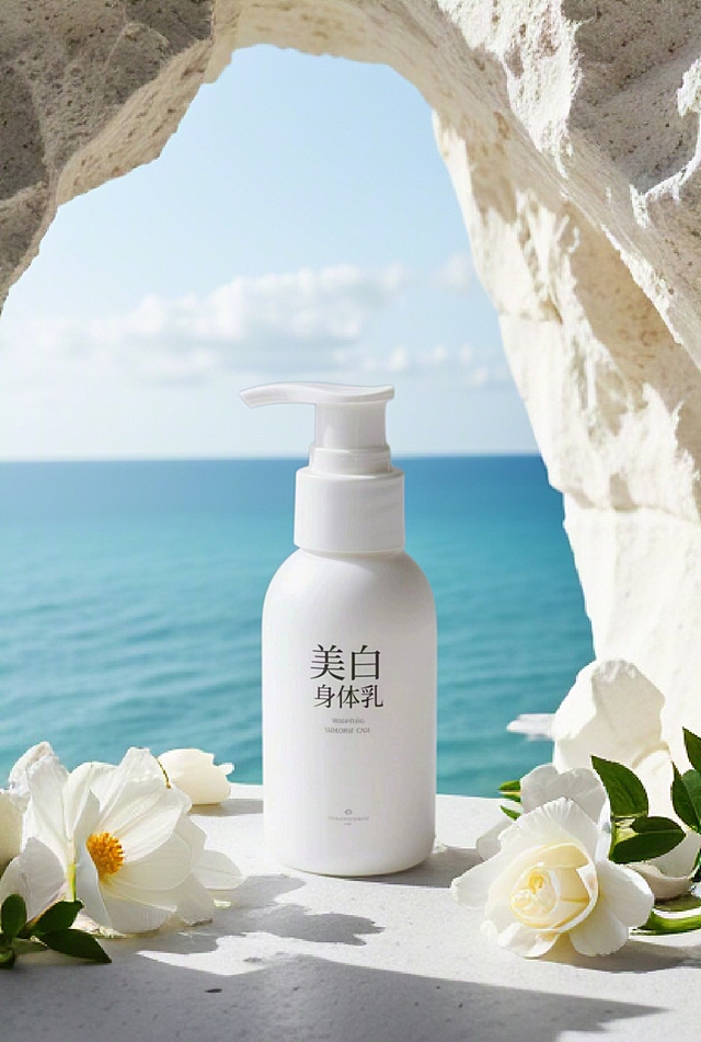 产品放在白色海盐石洞内，石洞外是海洋，白色花朵点缀