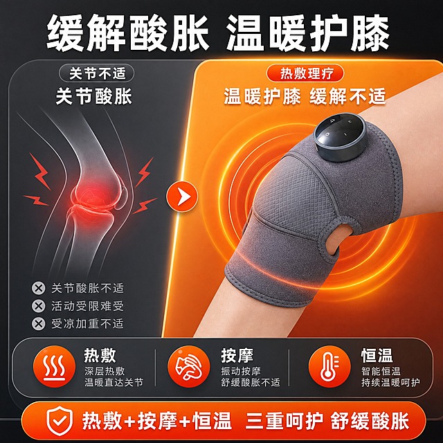 [主图-2] 核心价值与关键卖点，集中展示加热护膝缓解关节酸胀的核心购买结论。
[统一基调] 淘宝/天猫专业品质风格，暖橙红为主强调色搭配深灰科技感底色，标题字白色粗体，辅助字浅灰色，圆角卡片样式，字体层级清晰，整体温暖舒适又具科技感。
[画面] 画面采用左右分栏对比构图。左侧为"before"区域：深灰色背景，一个简笔画风格的膝盖关节示意图，关节处有红色酸胀痛点标记，旁边配文字"关节酸胀"。右侧为"after"区域：暖橙色渐变背景，展示一只佩戴深灰色加热护膝的膝盖侧面特写，护膝控制面板清晰可见，膝盖周围有温暖的橙红色光波环绕扩散，表现热敷理疗效果。中间用一条渐变分割线隔开。画面上方有醒目的核心结论标题。护膝产品外观、颜色、结构与主图1保持一致。
[光影质感] 商业摄影质感，右侧护膝部分光影温暖柔和，热敷光波有通透发光感，左侧示意图简洁清晰，整体对比强烈但视觉协调。
[配色] 左侧深灰底配红色痛点标记，右侧暖橙渐变底配深灰色护膝，标题白色，强调色暖橙红。
[文字版式] 画面顶部居中大字主标题"缓解酸胀 温暖护膝"，白色粗体。左侧上方小字"关节不适"，右侧上方小字"热敷理疗"。底部有三个圆角小图标横向排列，分别标注"热敷""按摩""恒温"，每个图标配简短说明文字。文字清晰不拥挤。
[输出要求] 比例1:1，文字清晰可读，产品清晰，对比效果明显，无变形，无错字，无水印，无平台Logo。