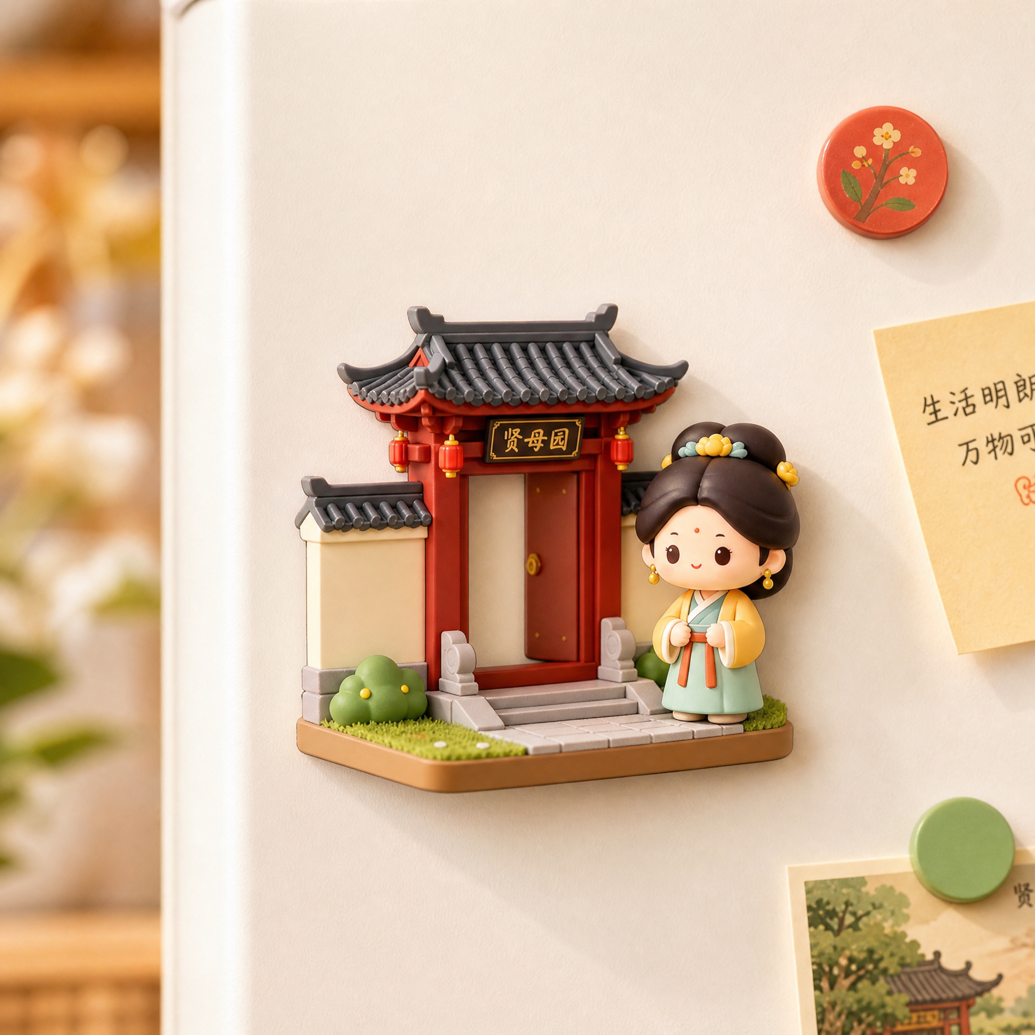 产品摄影图，一枚软磁冰箱贴，形状是贤母园门楼和Q版古风小女孩的… - 图片创意预览