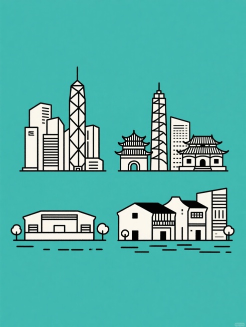 极简风格城市建筑插画，纯色背景，黑色单线勾勒，系列化规整排布四个不同区域建筑集合：左侧为香港标志性建筑群（含中银大厦等几何感摩天楼），右侧依次为广东骑楼与现代塔楼组合、北京传统坡屋顶与现代建筑融合、浙江水乡民居与当代楼宇搭配，每组建筑保持相同粗细线条、简洁几何形态及底部小树木装饰元素，整体画面干净对称，色彩变换统一应用于各区域背景。预览效果