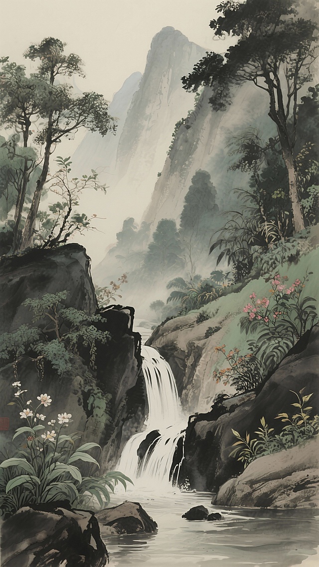中国古风，给我画一张竖版的描绘山间清泉的图片，不出现人，但有花草树木。整体体现出一种让人心静的意境。