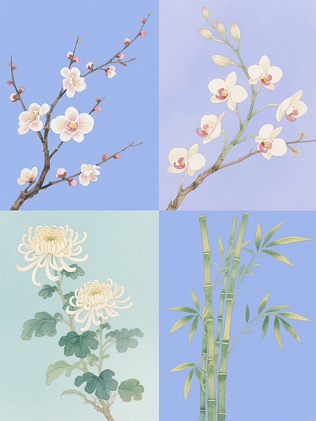 水彩风格花卉插画系列，保持原图透明晕染的笔触质感、柔和的光影过渡和自然写实的形态结构，采用纯色背景，整体画面色彩变换为四种不同色调组合，分别描绘梅花、兰花、菊花和竹子四个完全不同的植物元素，每个元素独立成图并以规整的网格排布形成集合，构图延续原有的枝干舒展姿态和花卉自然生长的空间关系，营造清新雅致的氛围。