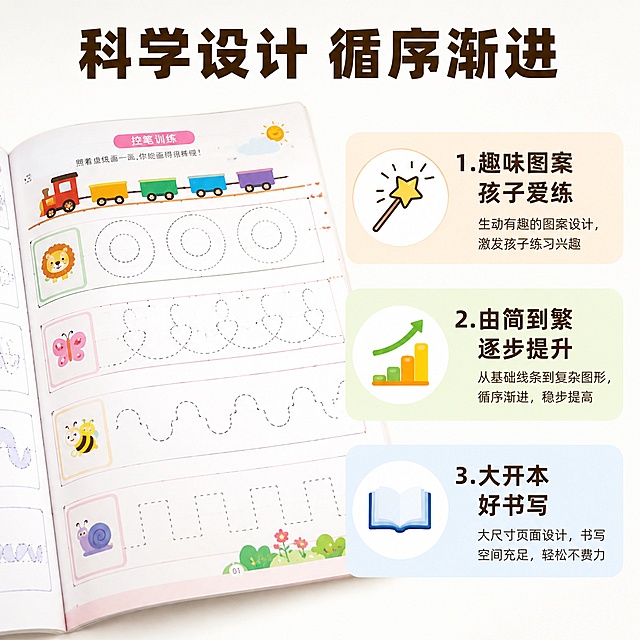「图片1」「图片1」「图片1」，生成一套主图（5张），商品名称是我要上小学，卖点是一套4本练习册,小学入学前的练习书写描红，适配抖音平台，主图比例为1:1