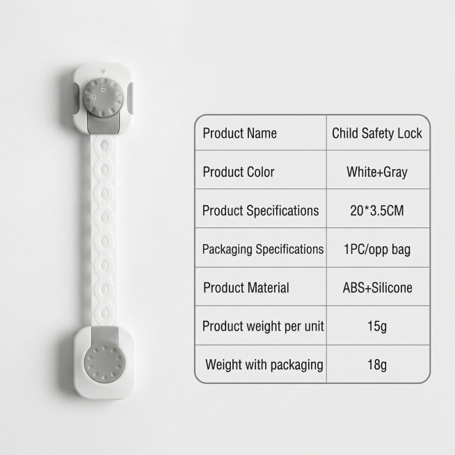 参考第二张产品介绍图的布局，制作儿童安全锁的英文产品介绍详情页，页面包含产品展示图和产品信息表格，表格内容为：Product Name:Child Safety Lock，Product Color:预览效果