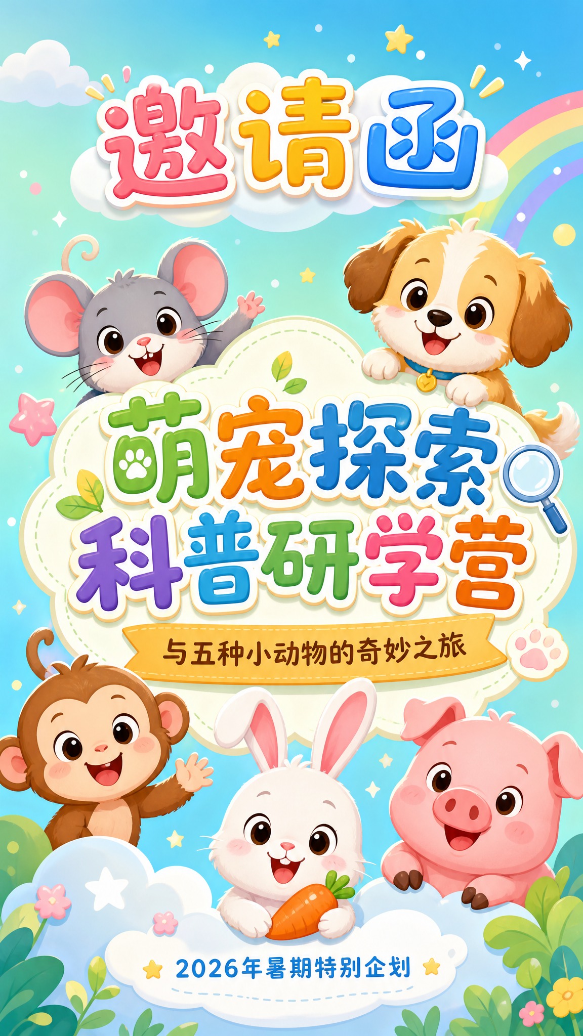 H5邀请函封面，卡通可爱风格，萌宠探索科普研学营主题。画面中央… - 图片创意预览