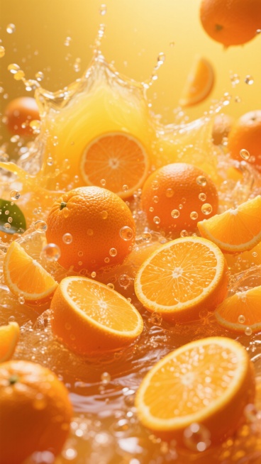 高饱和度的橙黄色调背景，充满动感的橙汁飞溅效果，大量新鲜橙子的特写镜头——包括完整的带纹理的橙子、对半切开露出饱满果肉和清晰果瓣的橙子、以及薄切的圆形橙片，水珠与气泡悬浮在果汁中，光线从上方照射形成明亮的高光和透明的液体质感，整体构图密集且充满活力，展现橙汁的新鲜与清爽，无文字、二维码及任何标识元素。预览效果