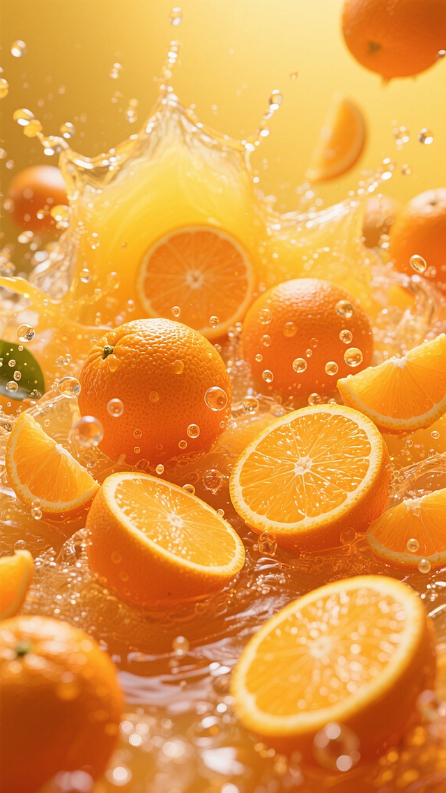 高饱和度的橙黄色调背景，充满动感的橙汁飞溅效果，大量新鲜橙子的特写镜头——包括完整的带纹理的橙子、对半切开露出饱满果肉和清晰果瓣的橙子、以及薄切的圆形橙片，水珠与气泡悬浮在果汁中，光线从上方照射形成明亮的高光和透明的液体质感，整体构图密集且充满活力，展现橙汁的新鲜与清爽，无文字、二维码及任何标识元素。