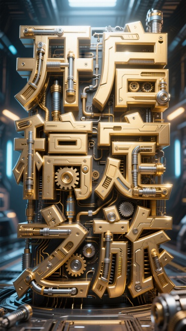 创意文字海报设计“开启稿定之旅”3D游戏标题，外星文明金属材质，金3D立体字，居中正视图，前视图，未来科技感游戏设计，线条锐利且有机械感，字体均有复杂的机械结构组成，内部由齿轮、液压杆、离子推进器、线预览效果