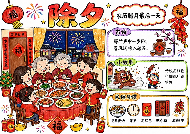 A4横版297:210，纯白色背景，小学生马克笔手绘风格，彩虹糖果色配黑色粗边描线，白纸真人手绘效果，笔触痕迹明显，线条稚嫩歪扭有小学生手绘特点，简单好画，插画大文字少，版式精美，无水印无二维码。
顶部大标题"除夕"，红金渐变艺术字，旁边云朵框写"农历腊月最后一天"。
画面左侧超大主插画：除夕夜一家人围坐吃年夜饭，桌上摆满丰盛的菜，窗外放着烟花，小朋友手里拿着压岁红包，门上贴着倒福和春联。
右上小框标题"古诗"，写"爆竹声中一岁除，春风送暖入屠苏"。
右中小框标题"小故事"，画年兽被吓跑的Q版小插画，旁边写"传说用红色和鞭炮吓跑年兽"。
右下小框标题"民俗习惯"，画年夜饭、红包、鞭炮的小插画，旁边写"吃年夜饭 守岁 发红包 贴春联 放鞭炮"。
周围点缀烟花、鞭炮、福字、红灯笼装饰。
画面中必须完整呈现文字："除夕"、"农历腊月最后一天"、"古诗"、"爆竹声中一岁除，春风送暖入屠苏"、"小故事"、"传说用红色和鞭炮吓跑年兽"、"民俗习惯"、"吃年夜饭 守岁 发红包 贴春联 放鞭炮"。所有文字必须清晰可读。
画面中所有信息区域必须填充完整合理的内容，不得出现空白框、空白占位、横线待填写区域。